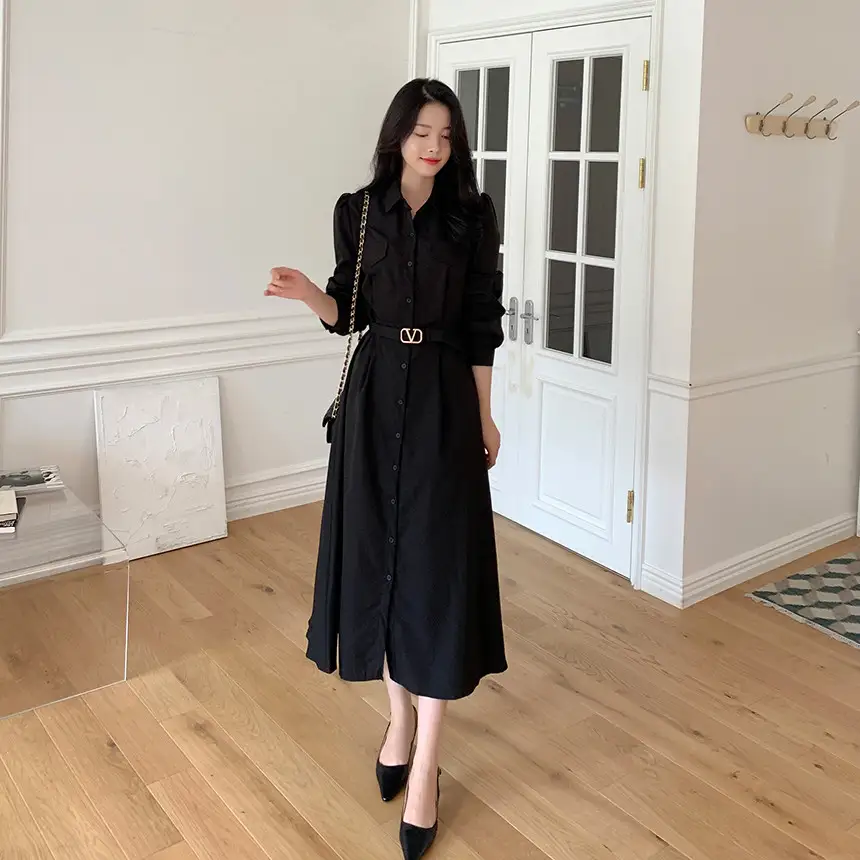 한국식 시크한 가을겨울 프렌치 무드 끈 리본 허리 조임 원피스 상세 이미지 19