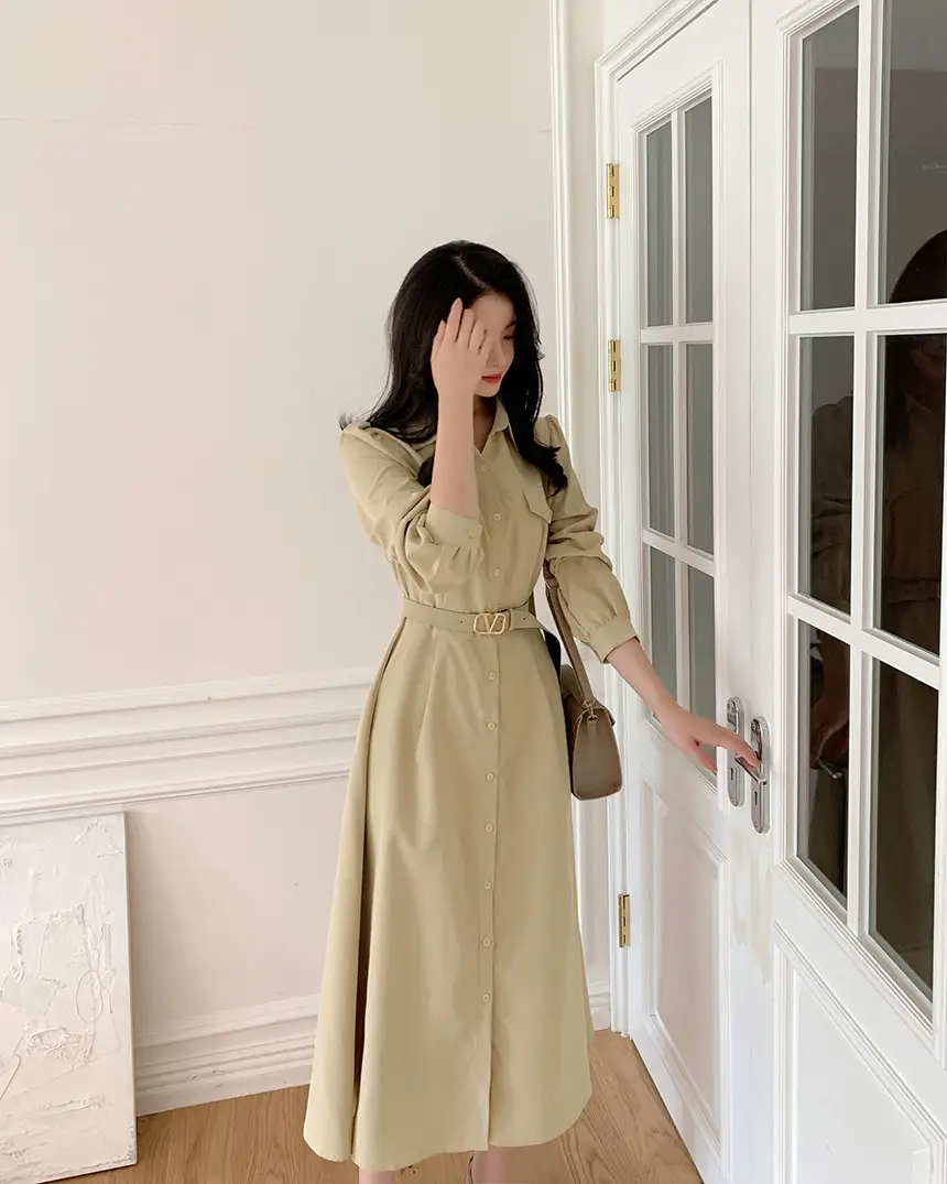 한국식 시크한 가을겨울 프렌치 무드 끈 리본 허리 조임 원피스 상세 이미지 30