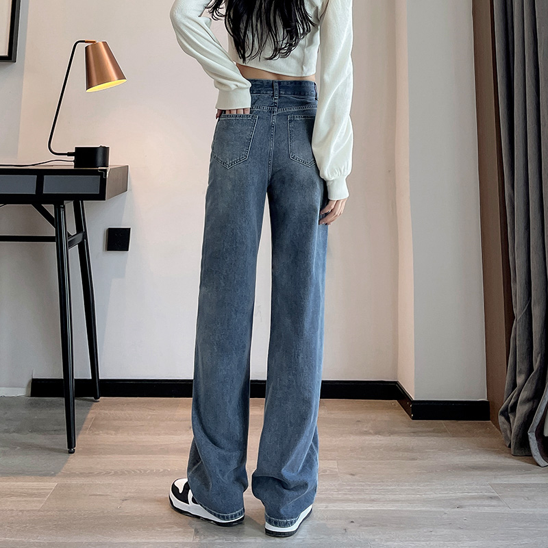 Quality prioritizes slimming, fashionable stylish denim jeans, women's straight fit, loose fitting, internet wide leg,_voghion.com