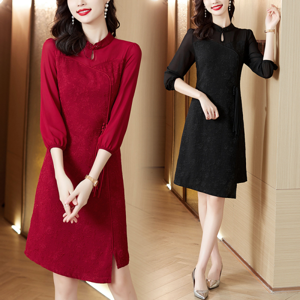 RM3297#改良版旗袍大码连衣裙女 新款高端气质收腰显瘦中长款裙子