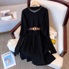 批发实拍大码女装<b class='q'>秋</b>冬新款胖mm时尚蕾丝拼接重工钉珠气质针织连衣裙