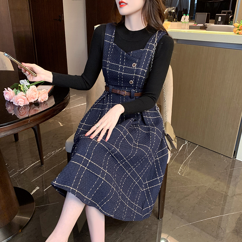 실사 새로운 고급 센스 로얄 자매 벌룬 소매 스탠드 칼라 작은 대중 스웨터 모직 레트로 체크무늬 멜빵 스커트 여성복