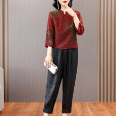 批发2025新款香云纱V领上衣长袖中老年妈妈哈伦裤套装