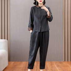 批发2023<b class='q'>春</b>季新款香云纱重工刺绣开衫长袖上衣哈伦裤套装