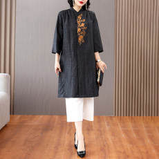 批发2023<b class='q'>春</b>季新款黑色香云纱女真丝衬衫重工刺绣龟裂纹中长款外套