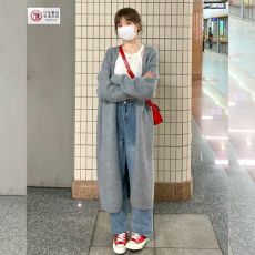灰色针织开衫女春装2022年新款慵懒风宽松中长款过膝毛衣外套