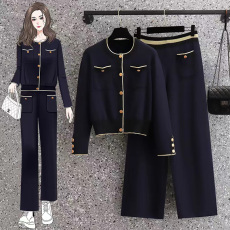 批发实拍2025秋<b class='q'>冬</b>新款大码女装胖mm小香风针织开衫直筒阔腿裤子两件套