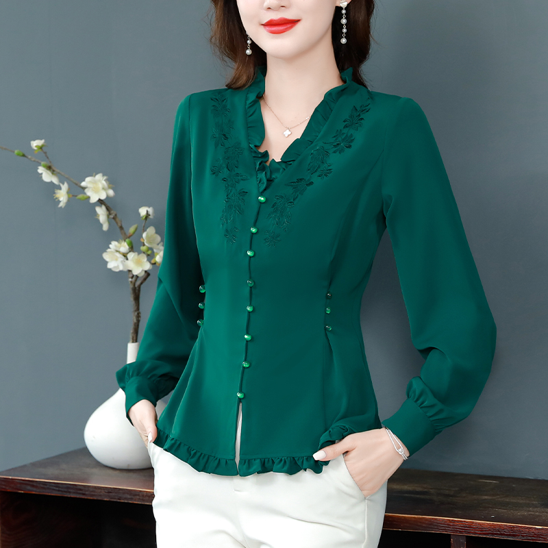 RY02#刺绣花衬衫女长袖上衣v领衬衣气质遮肚子收腰显瘦中老年2022秋装