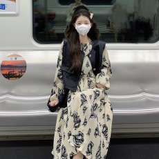 实拍 大码女装胖mm早秋新款复古质感水墨画连衣裙马甲套装