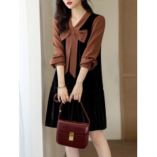 批发限价+12+小视频2026春季韩版撞色减龄<b class='q'>可爱</b>蝴蝶结丝绒长袖<b class='q'>连衣裙</b>