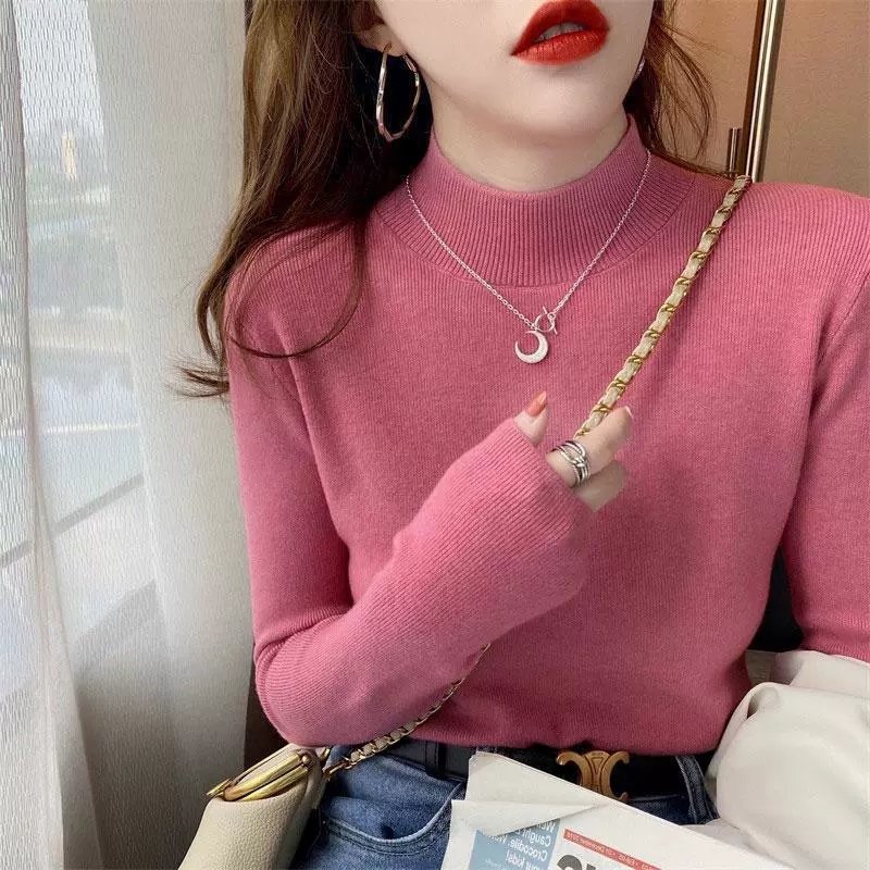 Early autumn new style 2-strip wool thickened early half turtleneck sweater for women autumn and winter design top knitted bottoming shirt