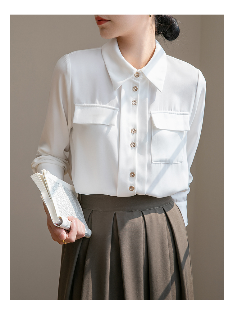白衬衫女不对称口袋设计感通勤职业百搭金扣长袖春秋上衣