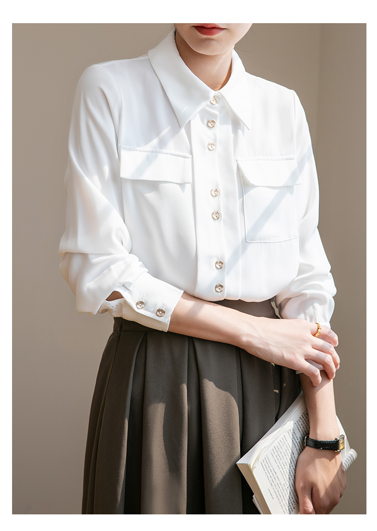 白衬衫女不对称口袋设计感通勤职业百搭金扣长袖春秋上衣