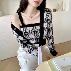 批发欧美时尚少女<b class='q'>棋盘</b><b class='q'>格</b>小花花吊带背长袖开衫外套两件套辣妹短上衣