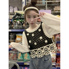 批发镂空拼接雪纺长袖假两件上衣女秋季2026年新款复古百搭针织衫外穿