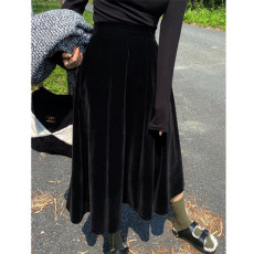 批发复古半身裙女初秋季2025新款黑色金丝绒半裙高腰<b class='q'>中长款</b>A字裙伞裙