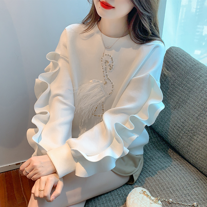 MY13956# 甜美荷叶边镶钻羽毛流苏天鹅圆领长袖卫衣女装女裝貨源服裝批...