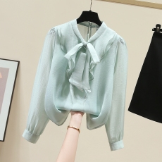 批发天丝法式系带领长袖衬衫女2026年春秋新款时尚百搭泡泡袖上衣
