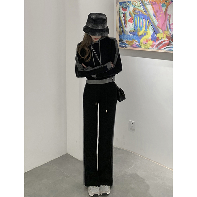 배색 후드 티 스웨터 세트 여성 가을 캐주얼 쇼트 스타일 맨위 하이웨이스트 도루 센스 와이드 레그 팬츠 운동 투피스 세트