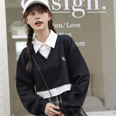 批发2026实拍新款设计感假两件<b class='q'>卫衣</b>拼接衬杉领刺绣<b class='q'>长袖</b><b class='q'>卫衣</b>学生女