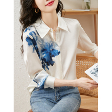 批发醋酸<b class='q'>真丝</b>衬衫<b class='q'>女</b>士设计感中国风复古水墨印花<b class='q'>上衣</b>高端桑蚕丝白衬衣