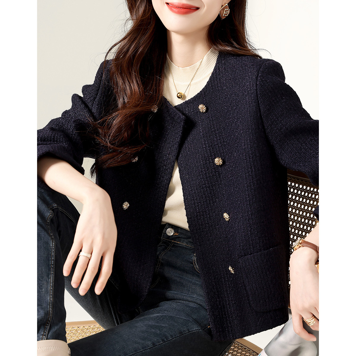 패션 캐주얼 루즈핏 한국 스타일 작은 샤넬 스타일 이중 버튼 재킷