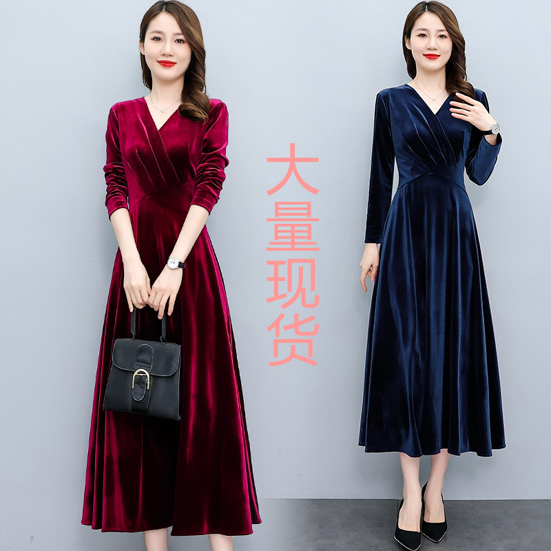 MY13330# 长裙女新款高贵气质中长款打底金丝绒连衣裙女裝貨源服裝批發