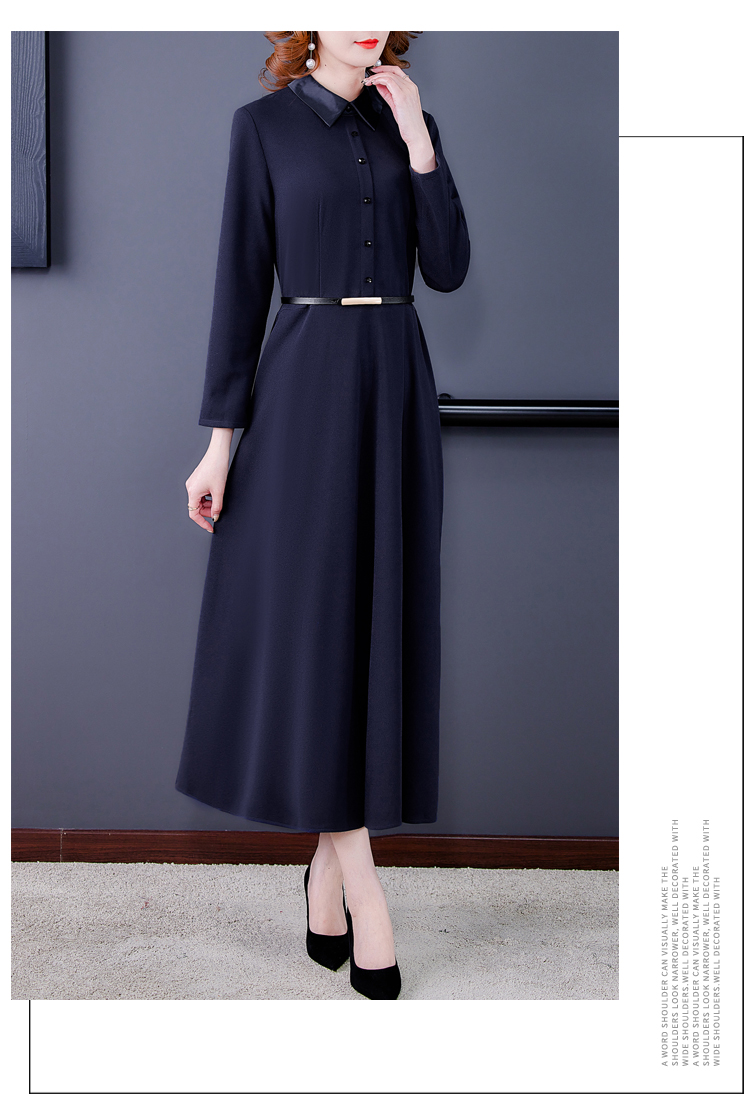 藏蓝色连衣裙女2021秋季新款收腰显瘦长款过膝衬衫领气质减龄长裙