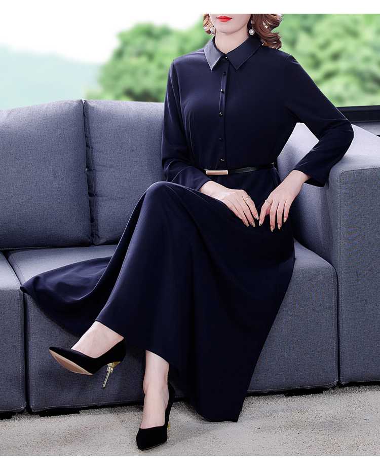藏蓝色连衣裙女2021秋季新款收腰显瘦长款过膝衬衫领气质减龄长裙