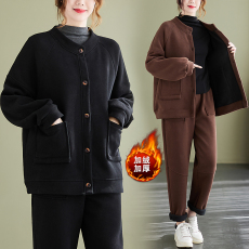 批发实拍2025冬季新款加绒休闲复古文艺立领外套百搭<b class='q'>哈伦裤</b><b class='q'>套装</b>
