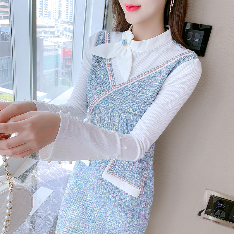 秋冬复古小个子高端气质蝴蝶结名媛拼接包臀小香风旗袍 服裝批發女裝批發服飾貨源