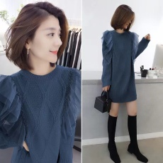 批发洋气蓝色长袖毛衣裙气质法式针织<b class='q'>连衣裙</b>女春秋季新款2025<b class='q'>欧洲站</b>潮