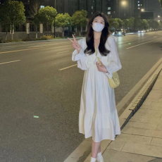 批发白色温柔风气质连衣裙长袖荷叶边仙女长裙子法式少女