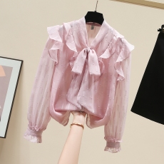 批发蝴蝶结衬衫女2026春秋装荷叶边<b class='q'>雪纺衫</b>韩版温柔风优雅超仙小衫