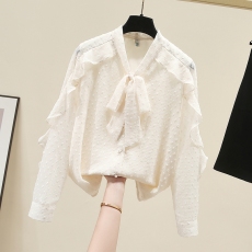 批发荷叶边系带领宽松衬衫女2026春秋新款时尚长袖法式白色上衣