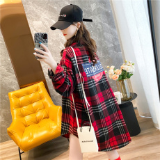 官图100%聚酯纤维春季2025中长款长袖POLO领格子衬衫女