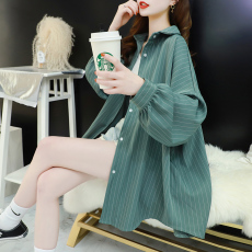 批发官图100%聚酯纤维秋<b class='q'>冬</b>2025设计感条纹POLO领长袖衬衫女