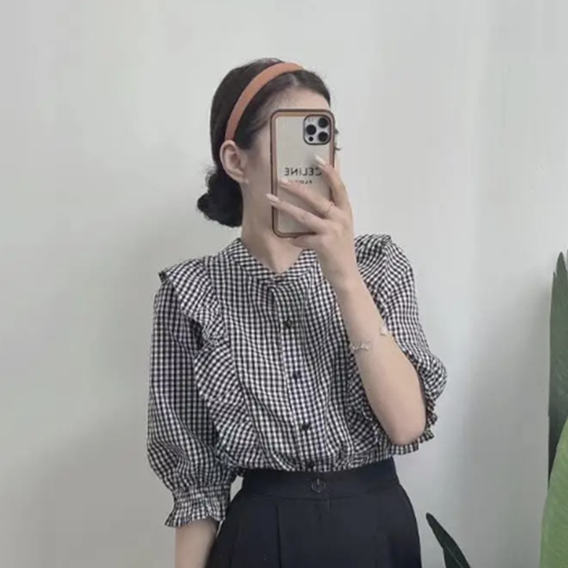 法式短袖格子衬衫女设计感小众2022年新款韩版宽松显瘦泡泡袖上衣