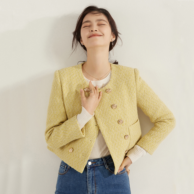 2026 봄 가을 새로운 맨위 황색 양모 트위드 작은 샤넬 스타일 여성 코트 이중 버튼 명문 여성 품격 쇼트 스타일