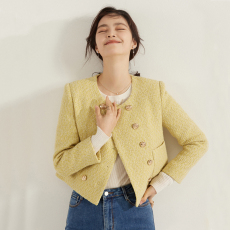 批发2026春秋<b class='q'>新款</b>上衣黄色羊毛粗花呢小香风外套女双排扣名媛气质短款