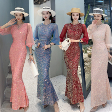 批发实拍 亮片晚<b class='q'>礼服</b>裙新款气质派对长款主持演出<b class='q'>伴娘</b>敬酒服合唱<b class='q'>礼服</b>