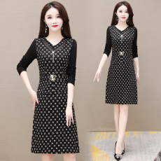 批发实拍 2023年<b class='q'>秋</b>装新款时尚气质妈妈装长袖连衣裙修身遮肚打底裙子
