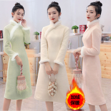 批发冬季新款甜美大码女装改良款旗袍<b class='q'>连衣裙</b>女中长款加绒打底裙