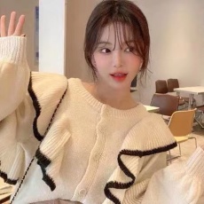 批发<b class='q'>韩</b>版复古荷叶边毛衣开衫外套女秋冬季2025年新款宽松短款针织上衣