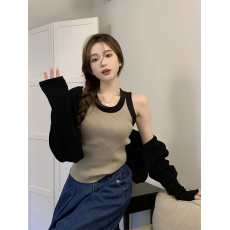 实拍实价 韩系减龄拼色吊带背心+针织百搭罩衫外套