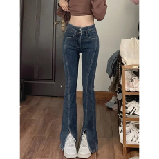 批发梨型身材微喇开叉牛仔裤女秋<b class='q'>冬</b>大码修身长裤胖mm高腰显瘦弹力裤子