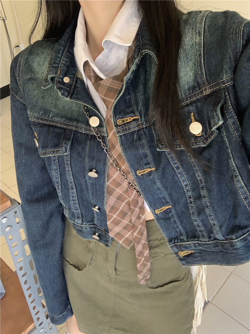 Actual shot and real price Korean style loose and versatile retro washed blue denim short jacket for women