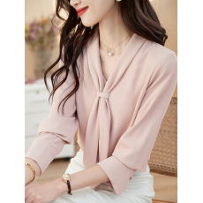 批发职业通勤温柔风粉色飘带衬衫女春季新款知性优雅高级气质长袖上衣