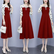 批发胖妹妹2025早秋新款长袖大码女装中长款拼接色气质知性优雅连