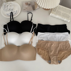 批发实拍实价韩版防滑无肩带内衣套装女薄款大胸显小胸无痕无钢圈文胸